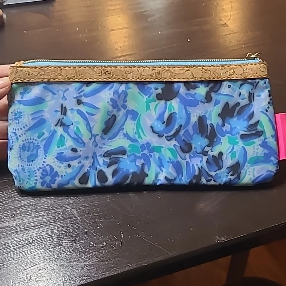 Lilly Pulitzer Blue Floral With Cork Detail Zipper Pencil Pouch